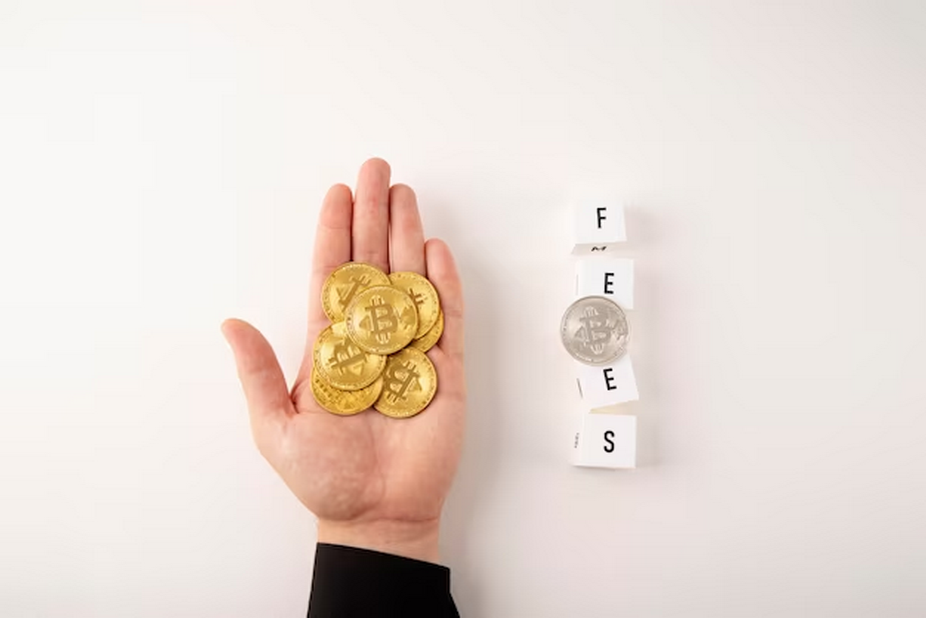 Hand holding cryptocurrency coins next to lettered cubes spelling 'fees'